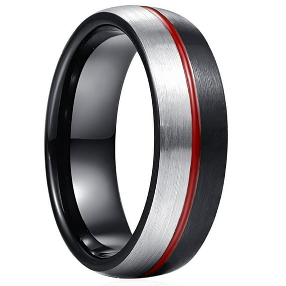 Men's 8mm Red Groove Two Tone Tungsten Ring Domed Brushed Finish Wedding Band