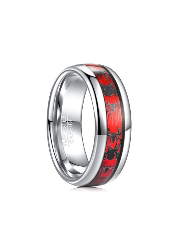 Men's 8mm Tungsten Carbide Domed Edges Comfort Fit Ring with Spider Pattern Inlay Size 7-12
