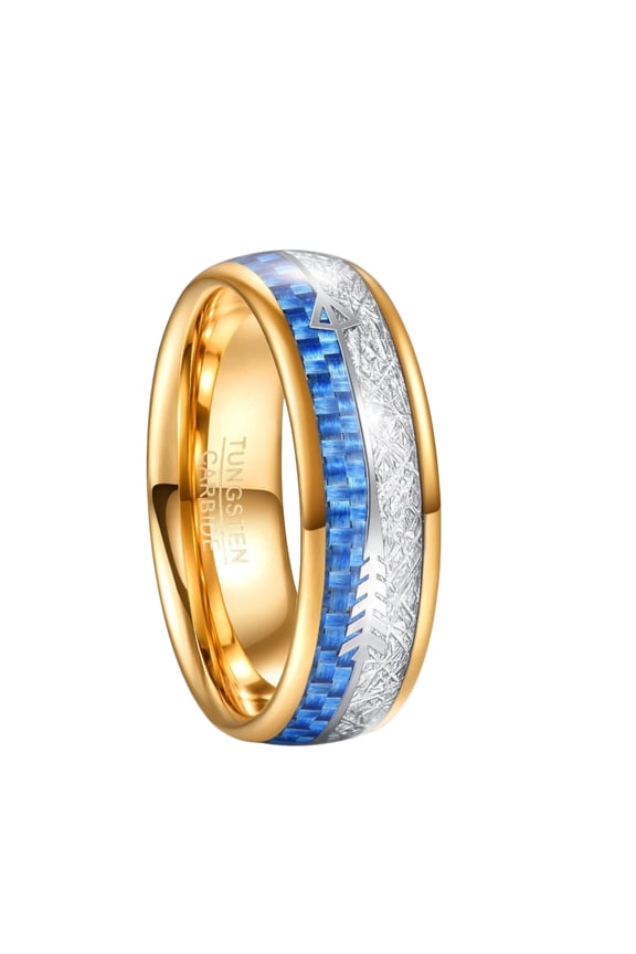Men's 8mm Tungsten Carbide Ring Gold Plated Band with Blue Carbon Fiber and Meteorite Inlay Arrow Design Comfort Fit