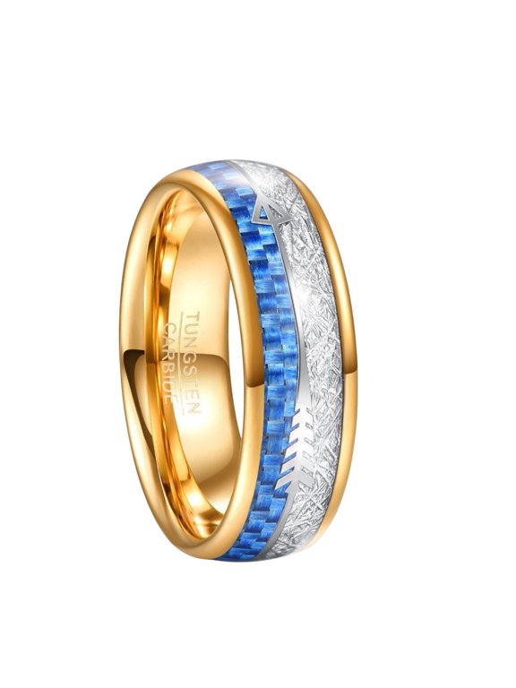 Men's 8mm Tungsten Carbide Ring Gold Plated Band with Blue Carbon Fiber and Meteorite Inlay Arrow Design Comfort Fit