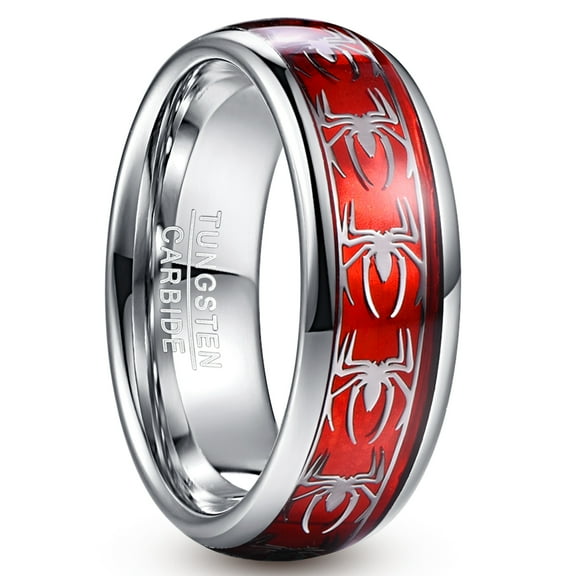 Men's 8mm Tungsten Carbide Ring with Spider Pattern Inlay Domed Edges Size 7-12