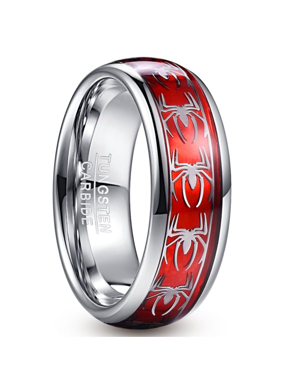 Men's 8mm Tungsten Carbide Ring with Spider Pattern Inlay Domed Edges Size 7-12
