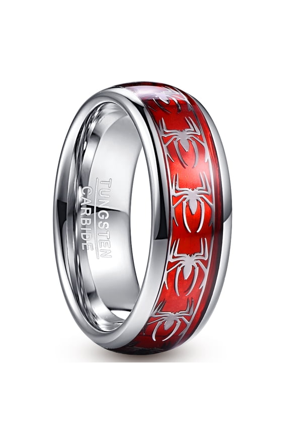 Men's 8mm Tungsten Carbide Ring with Spider Pattern Inlay Domed Edges Size 7-12