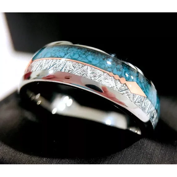 Men's 8mm Tungsten Cupid's Arrow Turquoise Meteorite Inspired Comfort-Fit Band