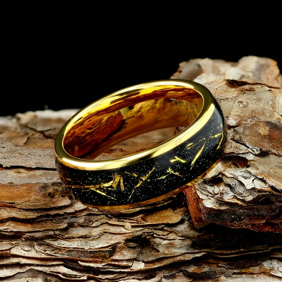 Men's 8mm Tungsten Wedding Ring with Meteorite Foil & Golden Leaf Design - Black Meteorite Inlay, Polished Golden Finish, Durable Comfort Fit Band for Wedding, Anniversary, Christmas, Valentine's,10