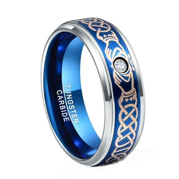 Men's 8mm Unisex Tungsten Carbide Celtic Knot Blue Inner Ring Wedding with Zircon