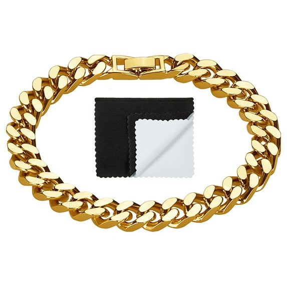 Men's 9.2mm 14k Yellow Gold Plated Beveled Curb Chain Bracelet, 7 inches + Gift Box