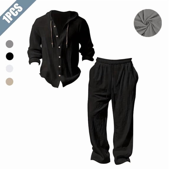 Men's 2-Piece Linen Outfit, Casual Hooded Button-Up Shirt and Drawstring Pants Set