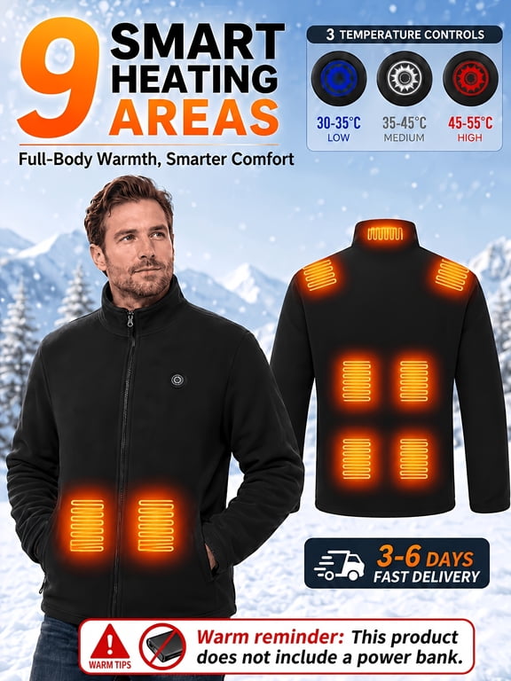 Men's 9-Zone Heated Fleece Jacket, 3 Adjustable Temperature Levels Stand Collar USB Electric Thermal Coat, Soft Warm Machine Washable Winter Outerwear for Work Commute Outdoor