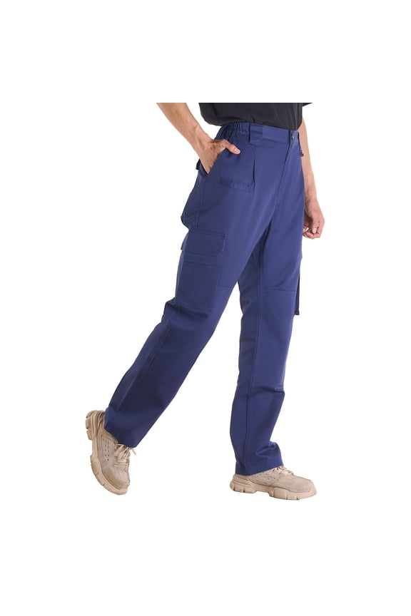 Men's 9 oz 100% Cotton Flame Resistant FR Cargo Pants Multi Pocket Elastic Waist Reinforced Stitching Welding Work Casual Dark Blue XL