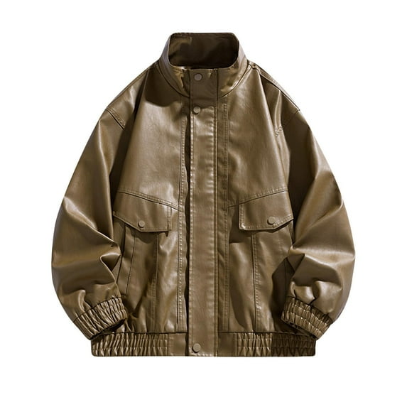 Men’s 90s Vintage Faux Leather Bomber Jacket Zip Up Motorcycle Biker Racing Style Windproof Winter Coat Casual Outerwear with Pockets