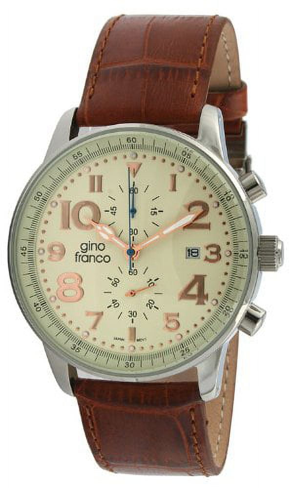 GINO FRANCO Men's 911BR Volare Round Multi-Function Stainless Steel Genuine Leather Strap Watch
