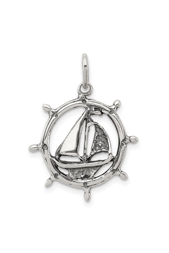 Men's 925 Sterling Silver Antiqued Sailboat in Wheel Charm Pendant Fine Jewelry For Men Gifts For Him