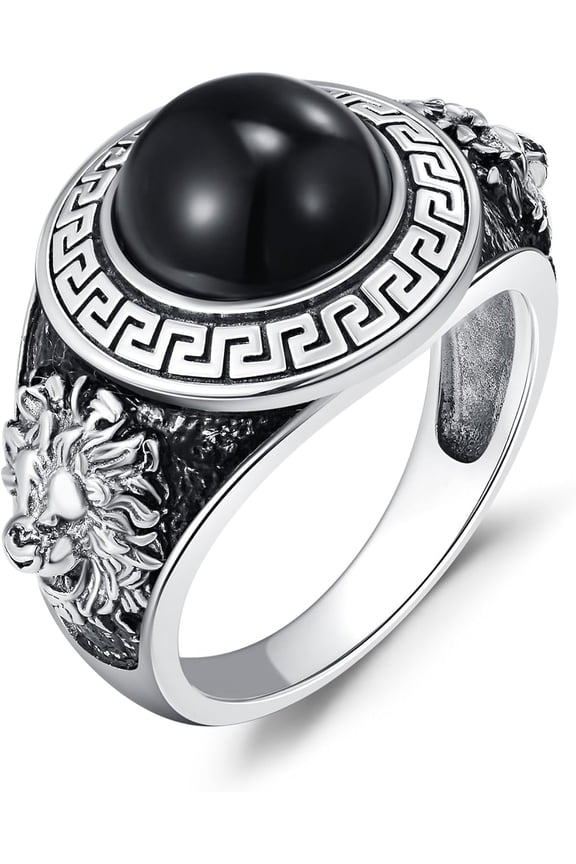 Men's 925 Sterling Silver Greek Key Lion Ring, Regal Vintage Statement Band for Men Sizes 6-15
