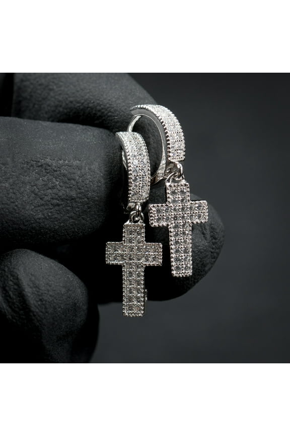 Men's 925 Sterling Silver Iced CZ Drop Dangle Cross Huggie Hoop Earrings