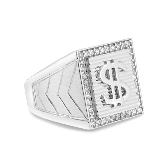 Men's 925 Sterling Silver Rhodium Plated Dollar $ Sign Ring Band White Cubic Zirconia Female Size 10