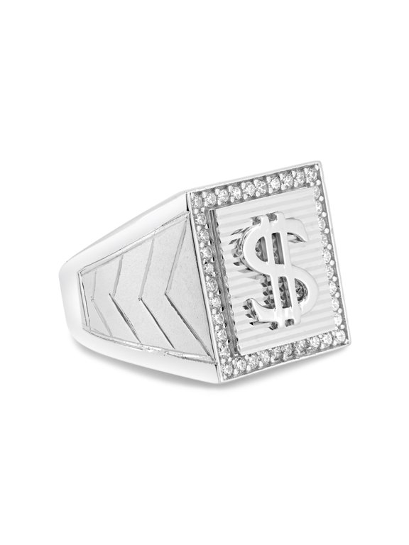 Men's 925 Sterling Silver Rhodium Plated Dollar $ Sign Ring Band White Cubic Zirconia Female Size 11