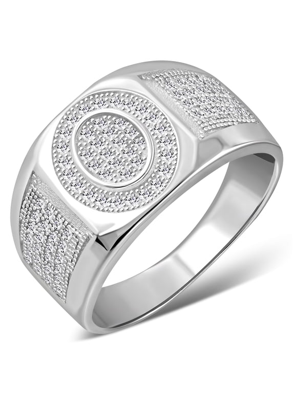 Men's 925 Sterling Silver Round Signet Ring Cubic Zirconia Size 9