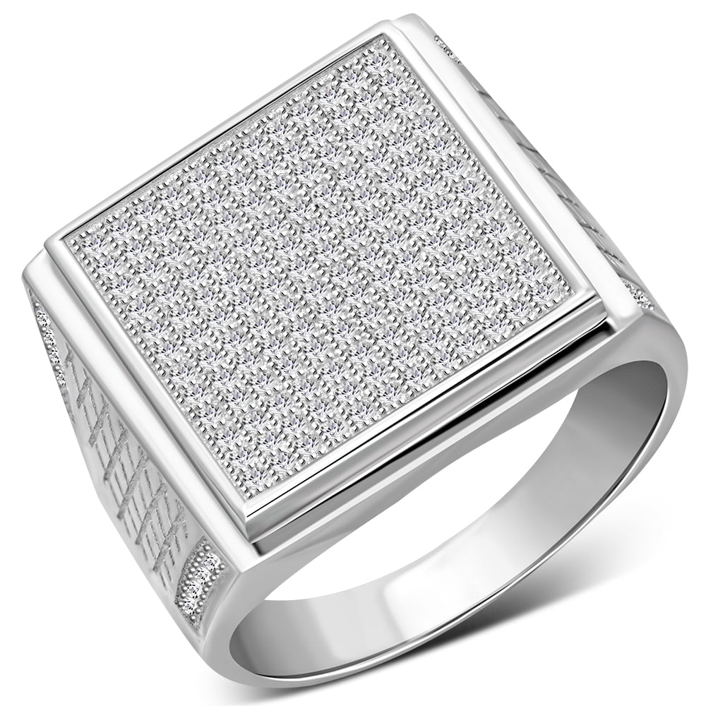Men's 925 Sterling Silver Square Statement Ring Cubic Zirconia Size 9 ...