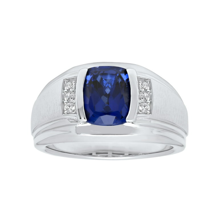 Men's Sterling Silver With Created Blue Sapphire and