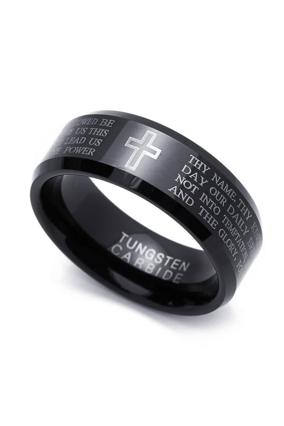 Men's 9MM Comfort Fit Tungsten Carbide Wedding Band Lord's Prayer Cross Our Father Praying Ring (9 to 13.5), 13.5