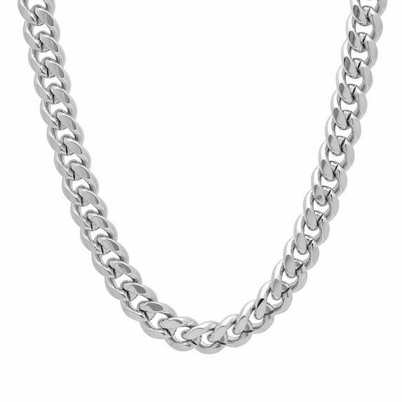 Men's 9mm Large Rhodium Plated Flat Cuban Link Curb Chain Necklace, 30 inches