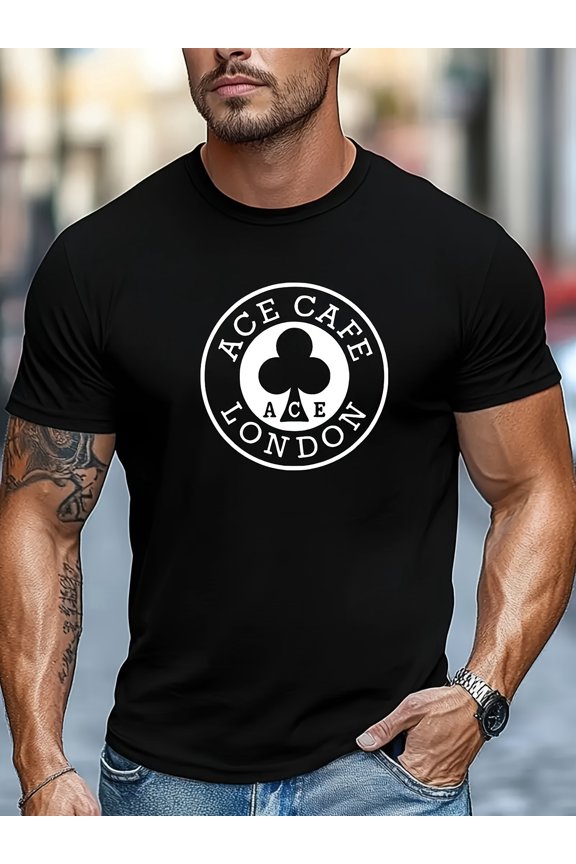 Men's ACE CAFE LONDON Logo & Spade Print Casual T-Shirt - Summer Short Sleeve Crew Neck Top, Comfortable Style for Casual Attire Streetwear Fashion Breath Fabric Basic Tee Youthful Look