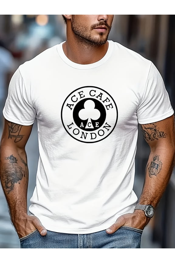 Men's ACE CAFE LONDON Logo & Spade Print Casual T-Shirt - Summer Short Sleeve Crew Neck Top, Comfortable Style for Casual Attire Streetwear Fashion Breath Fabric Basic Tee Youthful Look