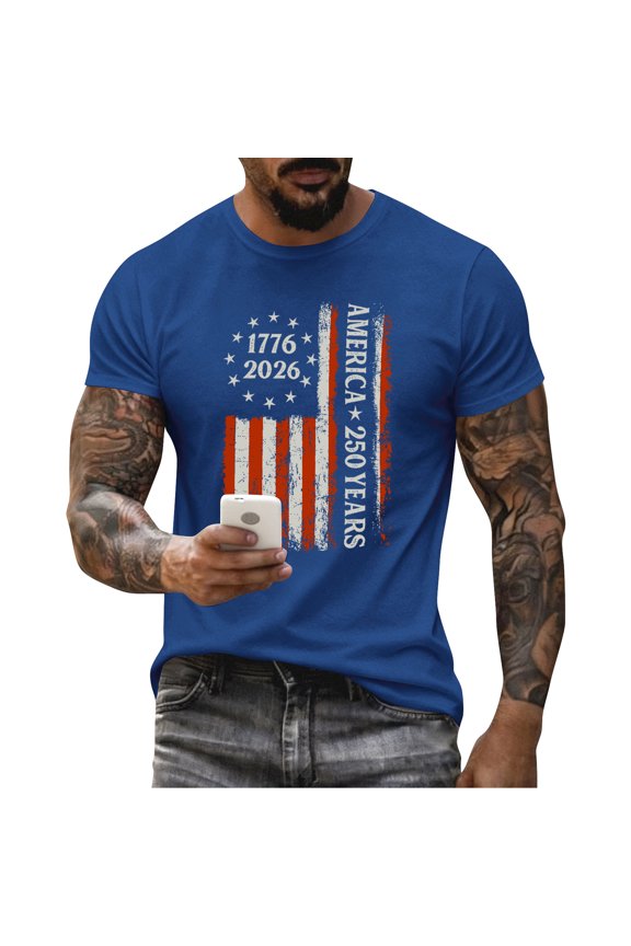 Men's AMERICA YEARS Print Round Neck Short Sleeve T-Shirt Casual Summer Sports Top Tee for Daily Wear Fashion Shirt,Blue,2XL