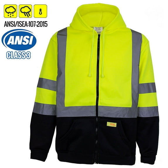 Men's ANSI Class 3 High Visibility Sweatshirt, Full Zip Hooded, Lightweight, Black Bottom - Lime / Small