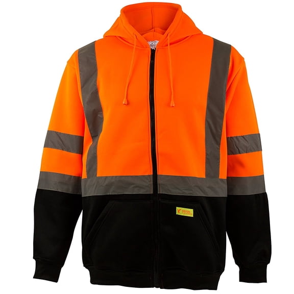 Men's ANSI Class 3 High Visibility Sweatshirt, Full Zip Hooded, Lightweight, Black Bottom - Orange / 2-XL