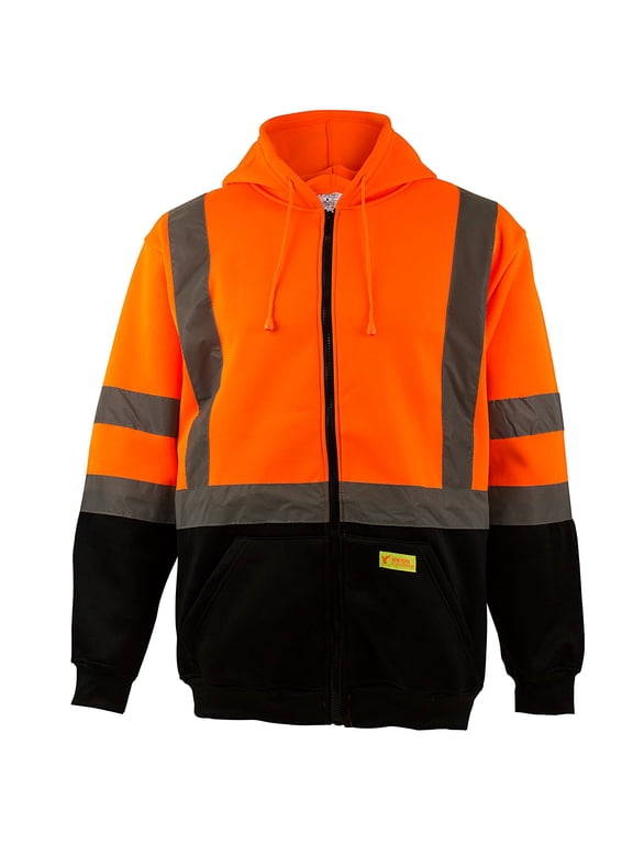 Men's ANSI Class 3 High Visibility Sweatshirt, Full Zip Hooded, Lightweight, Black Bottom - Orange / 2-XL
