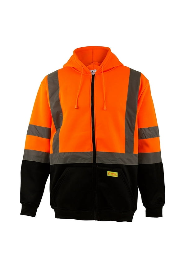Men's ANSI Class 3 High Visibility Sweatshirt, Full Zip Hooded, Lightweight, Black Bottom - Orange / 2-XL
