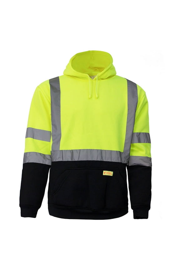 Men's ANSI Class 3 High Visibility Sweatshirt, Hooded Pullover, Black Bottom - Lime / X-Large
