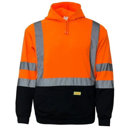 Men's ANSI Class 3 High Visibility Sweatshirt, Hooded Pullover, Black Bottom - Orange / Medium