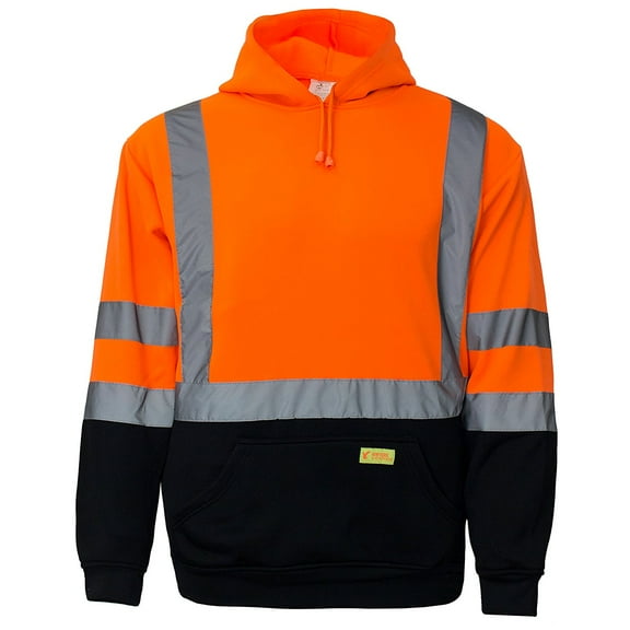 Men's ANSI Class 3 High Visibility Sweatshirt, Hooded Pullover, Black Bottom - Orange / X-Large