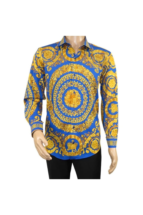 Men's AVM Crystal Shirt Medallion Medusa Cotton Slim Fit 9628-06 Royal Blue