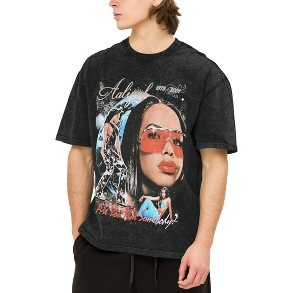 Men's Aaliyahs T-Shirt Washed Vintage Loose Short Sleeve Tee Top 198