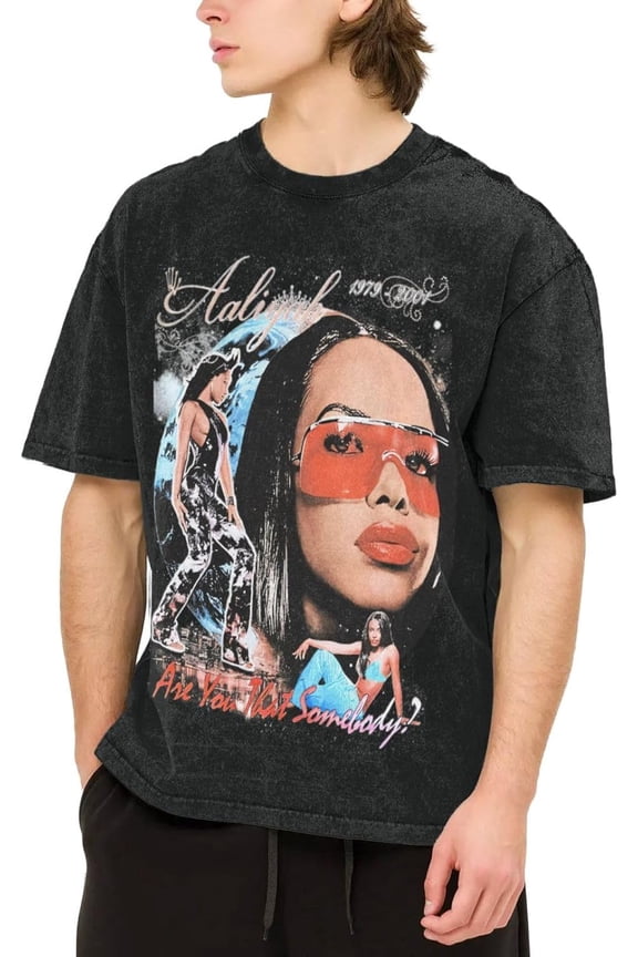 Men's Aaliyahs T-Shirt Washed Vintage Loose Short Sleeve Tee Top 198