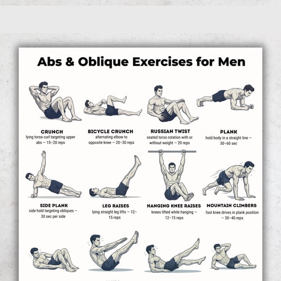 Men's Abdominal Diagonal Exercise Poster Abdominal Diagonal Core Exercise Poster Home Gym No Equipment Fitness Poster