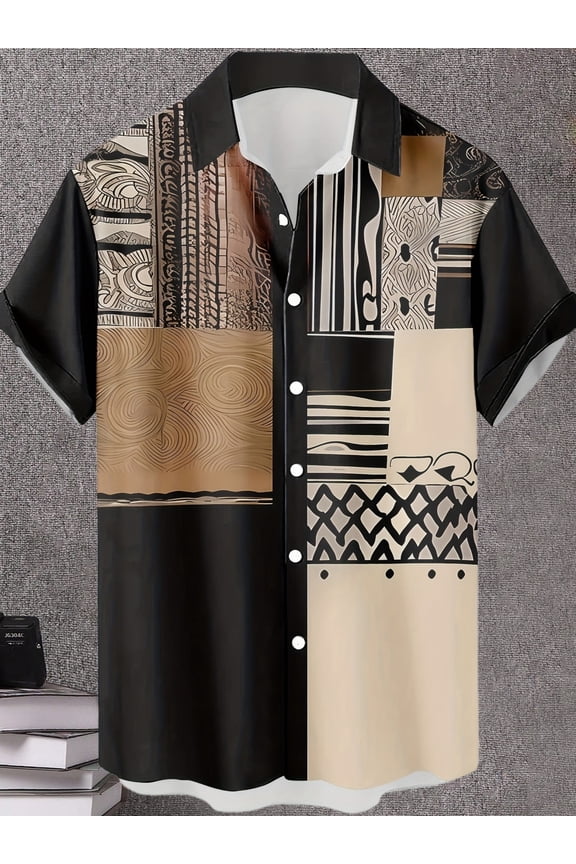 Men's Abstract Art Patchwork Shirt - Lightweight Button-Down Summer Shirt, Bold Modern Patterns in Black, Tan & Cream - Non-Stretch Fabric for Casual & Urban Wear - Machine Washable, Regular Fit, Vib