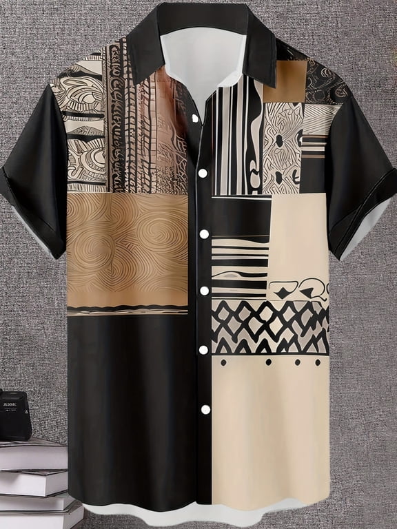Men's Abstract Art Patchwork Shirt - Lightweight Button-Down Summer Shirt, Bold Modern Patterns in Black, Tan & Cream - Non-Stretch Fabric for Casual & Urban Wear - Machine Washable, Regular Fit, Vib