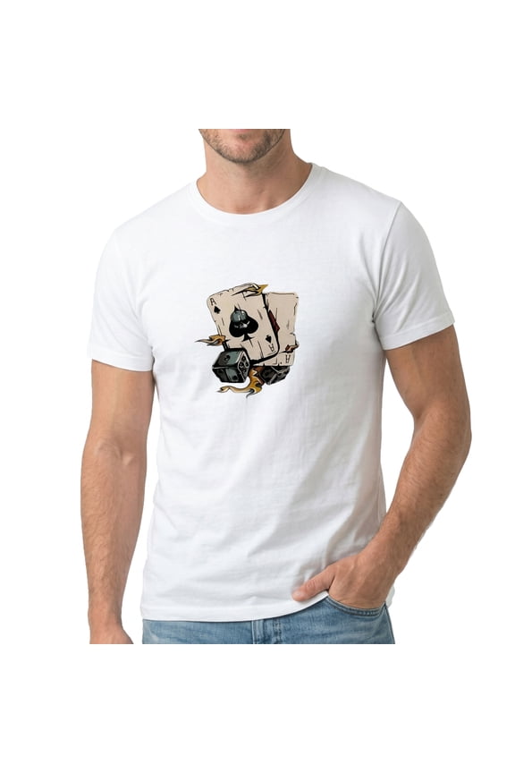 Men's Ace Card Dice Flames Skull Graphic T-Shirt, Premium Cotton Short Sleeve Crew Neck Tee