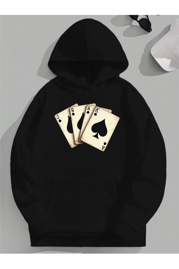 Men's Ace of Spades Hoodie with Spade Card Symbols - Black & Beige Playing Card Sweatshirt, Relaxed Fit Hooded Pullover, Machine Washable Casual Streetwear for Poker Nights & Casual Attire (Green Acc
