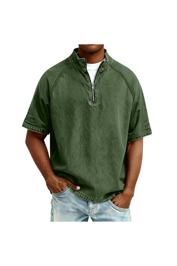Men's Acid Wash Short Sleeve Zip Up Mock Neck Pullover Casual Retro Design Distressed Finish Summer Spring Outdoor Daily Wear Slim Fit