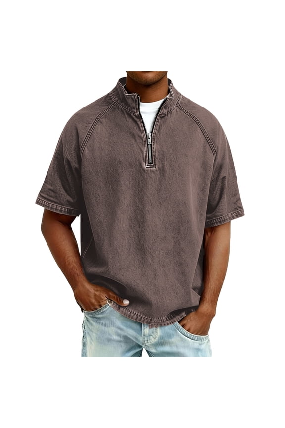 Men's Acid Wash Short Sleeve Zip Up Mock Neck Pullover Casual Retro Design Distressed Finish Summer Spring Outdoor Daily Wear Slim Fit