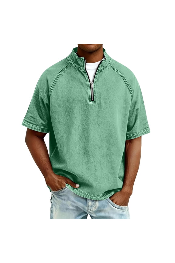 Men's Acid Wash Short Sleeve Zip Up Mock Neck Pullover Casual Retro Design Distressed Finish Summer Spring Outdoor Daily Wear Slim Fit