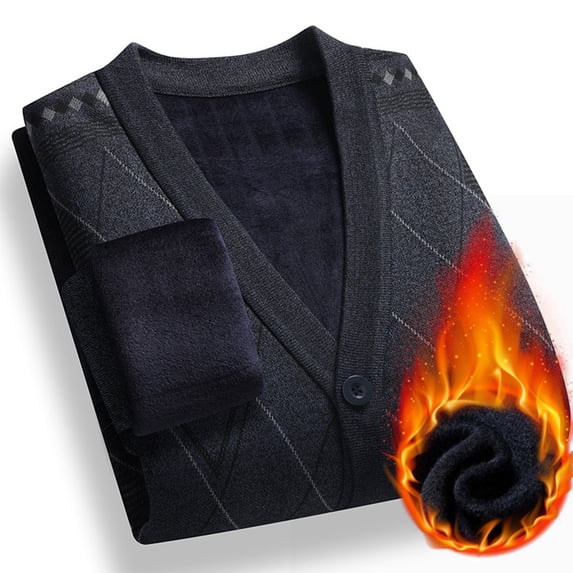Men's Acrylic Cardigan Sweater, Button Up Long Sleeve with Pocket, Thickened Turn-Down Collar for Casual Warmth in Spring Fall Winter