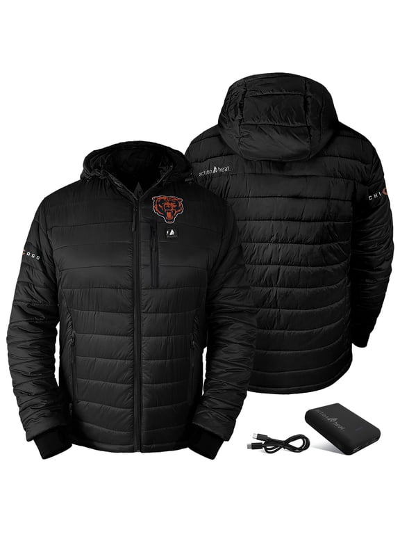 Men's ActionHeat Black Chicago Bears 5V Battery Heated Insulated Puffer Full-Zip Hoodie Jacket