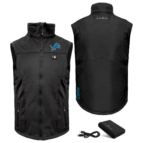 Men's ActionHeat  Black Detroit Lions 5V Softshell Battery Heated Full-Zip Vest